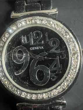 Geneva Black Dial Crystal Bezel Women's Watch